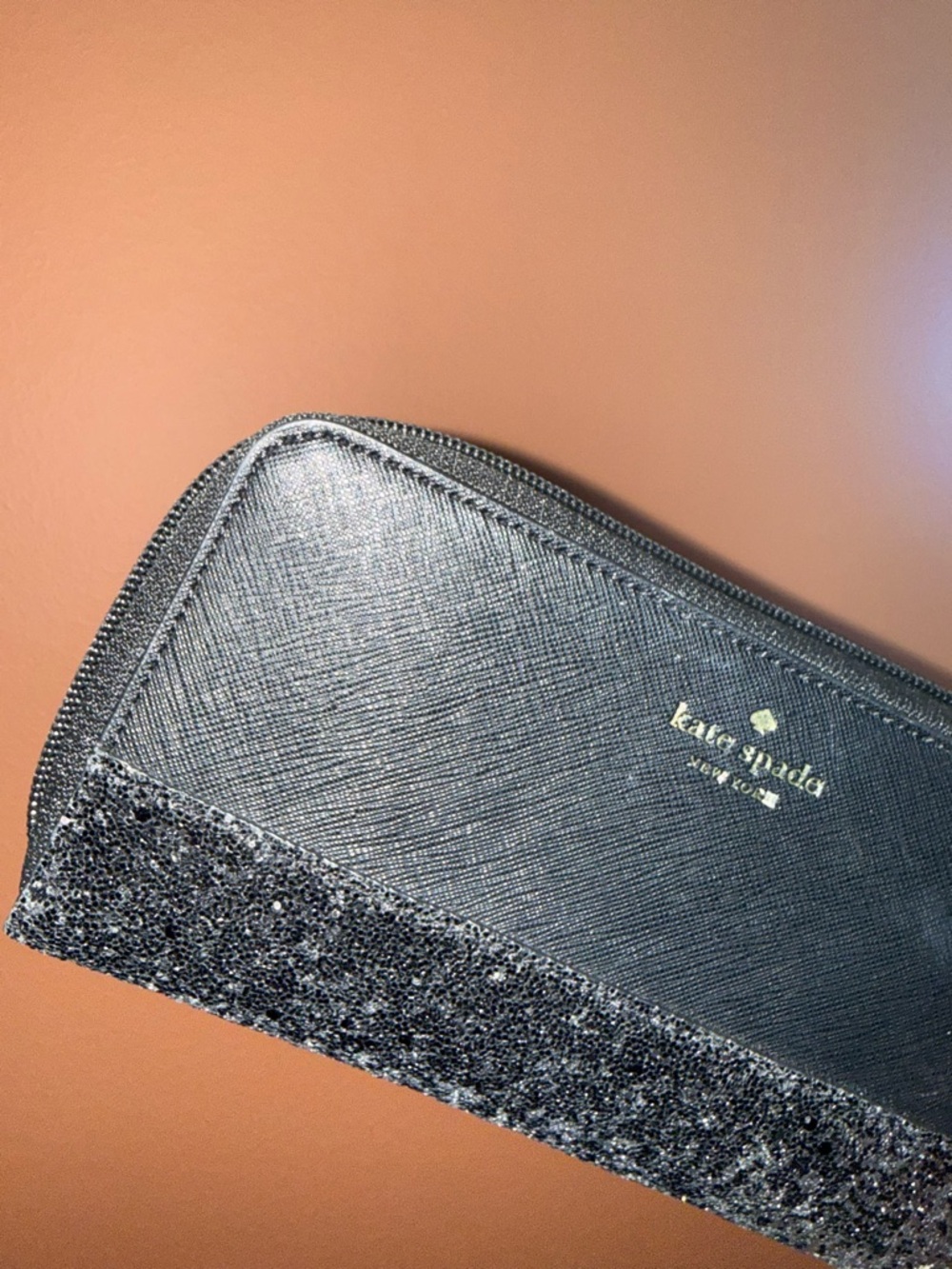kate spade Black Glitter Zip Wallet with Gold Logo